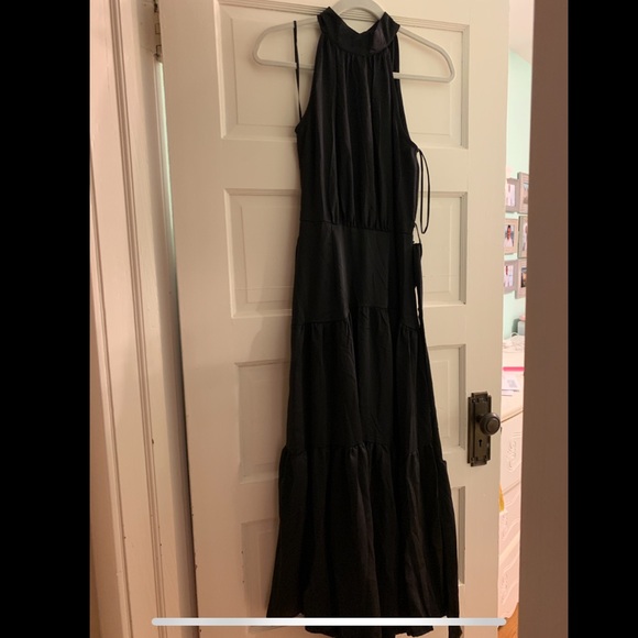 Black Halter Maxi Dress with Tie Waist - Picture 2 of 5